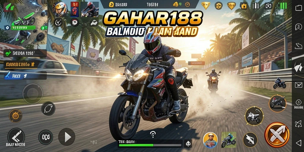 Tampilan balapan seru di GAHAR188 dengan sepeda motor megah.