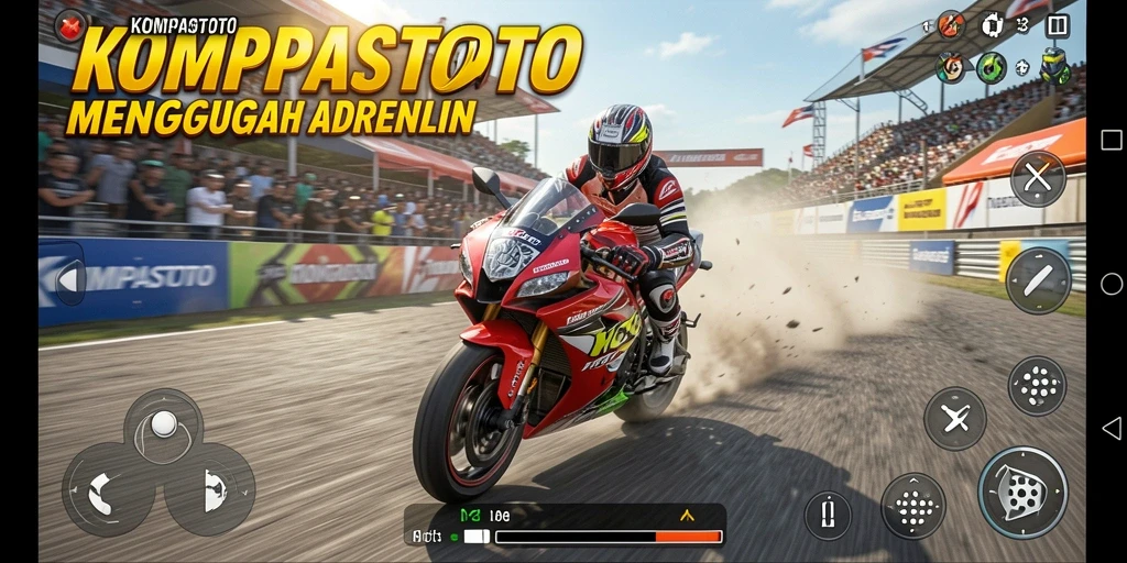 Gameplay KOMPASTOTO dengan balapan motor yang mendebarkan.